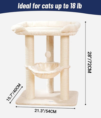 Happi N Pets 28" Cat Tree Tower, Tall Cat Scratching Post with Soft Perch for Window Viewing, Large Bed for Big Cats, Stable & Compact Cat Tower with Hammock, Removable Cover-Beige