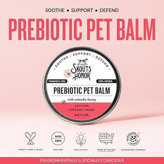 SKOUT'S HONOR Prebiotic Pet Balm - 100% Natural and Made w/Manuka Honey to Promote Healing of Your pet's paw Pads and Nose, Soothes Dry, Itchy Paws and Noses - Safe for Cats and Dogs, 2oz, 3-Pack
