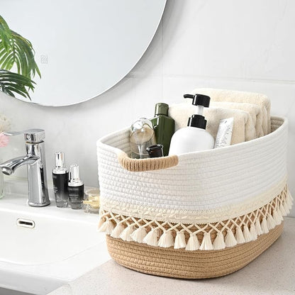3 Pack Storage Basket for Shelves, Boho Cotton Rope Storage Bins with Heavy Tassel, Shelf Baskets Large Woven Baskets for Organizing, Cube Organizer Bins, Baby Laundry Basket for Clothes, Toys, Pets