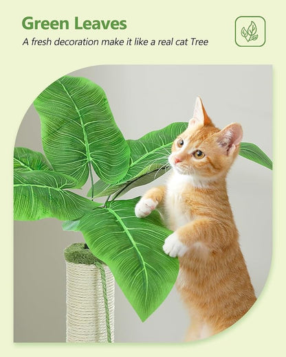 MUTTROS Small Cat Tree, 28" Cat Tower with Sisal Scratching Posts and Coconut Leaves for Indoor Small Cats, Large Hammock and Dangling Ball for Kittens, Green