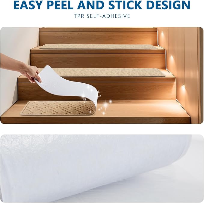 Stair Treads for Wooden Steps Indoor, 15 Pack 8" X 30" Non Slip Carpet Stair Treads with Reusable Adhesive for Kids Elders and Dogs, Surface Polyester TPR Backing Stair Rugs
