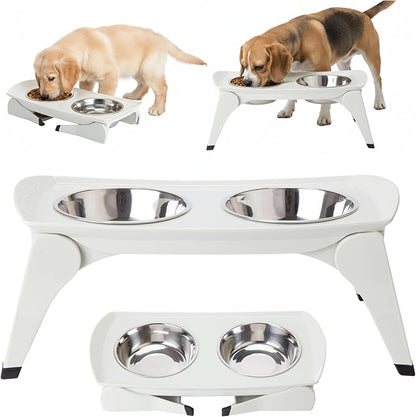 MalsiPree Elevated Dog Bowls for Small Dogs and Cats - 6.5" Raised Feeding Station with Spill-Proof Tray - Foldable Dog Bowl Stand with 2 Stainless Steel Bowls - Modern Scandinavian Pet Feeder, White