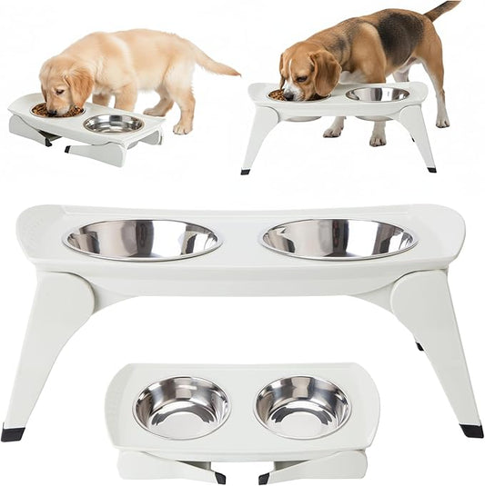 MalsiPree Elevated Dog Bowls for Small Dogs and Cats - 6.5" Raised Feeding Station with Spill-Proof Tray - Foldable Dog Bowl Stand with 2 Stainless Steel Bowls - Modern Scandinavian Pet Feeder, White