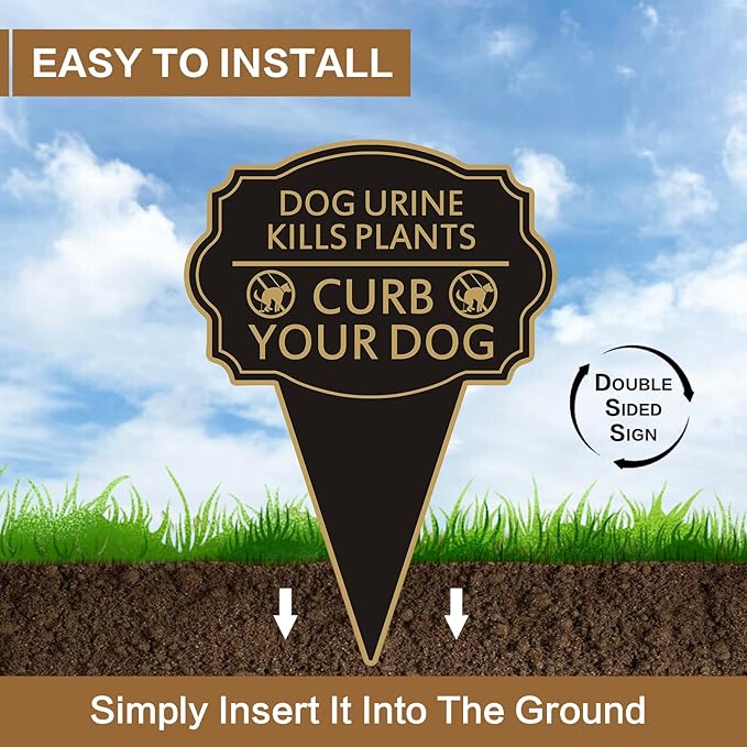 Double Sided Yard Sign 2PACK, Dog Urine Kills Plants, Curb Your Pet Lawn Marker, 14”x10” No Peeing & No Pooping Yard Stake with Integrated Mount, Outdoor Use (2PACK-Dog Urine Kills Plants)