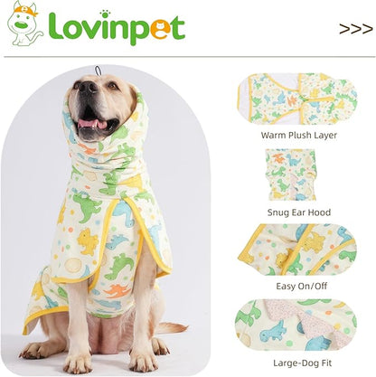 LovinPet 3‑in‑1 Dog Warm Winter Coat & Bathrobe, Hooded Dinosaur Fleece, Lightweight High‑Loft, Absorbent Knit, Quiet Hook‑and‑Loop, Wind‑Blocking Edges, Dog Robes for Medium & Large Dogs, Yellow,M