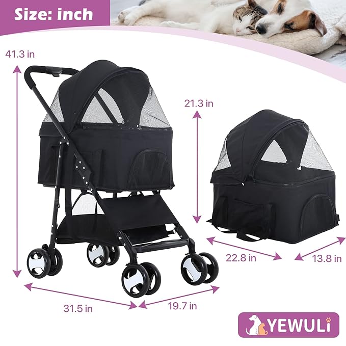 Pet Strollers, Dog Cat Stroller 3-in-1 Detachable Doggy Stroller for Small Medium Dogs 4 Wheel Pet Gear Carrier Cat Walker Wagons for Dogs Trolley for Doggie Rabbit Puppy Strollers, Black