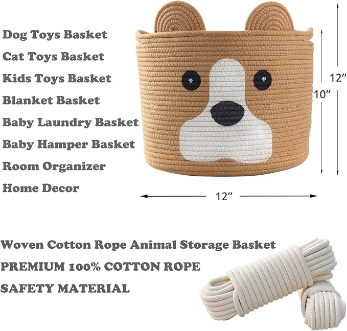 Medium Dog Woven Baskets with Handle, Dog Toy Hamper, Cotton Rope Dog Toy Storage Baskets for Pet, Animal Basket for Kids, Baby Gift Baskets for Dog Lovers, Khaki