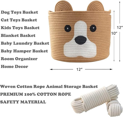 Medium Dog Woven Baskets with Handle, Dog Toy Hamper, Cotton Rope Dog Toy Storage Baskets for Pet, Animal Basket for Kids, Baby Gift Baskets for Dog Lovers, Khaki