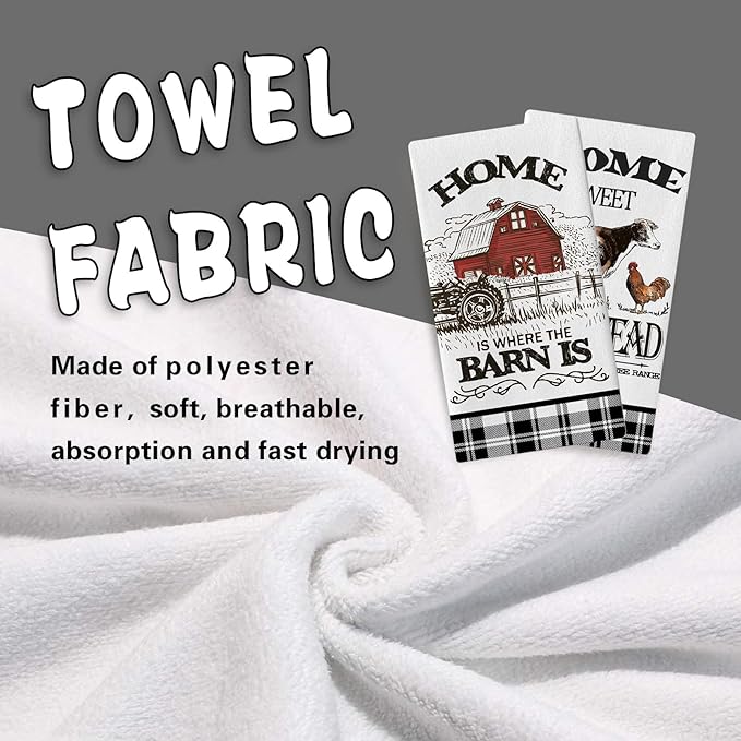 Farm Animals Kitchen Dish Towels Set of 2, Farmhouse Cow Rooster Barn Drying Hand Towel Baking Cooking Cloth, Homestead Tractor Sweet Home Decoration 18 x 26 Inches