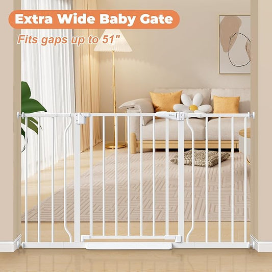 29"-51" Baby Gate for Stairs, Auto Close Stroller Friendly Dog Gate Indoor for Doorways, Pressure Mounted Baby Gate, Easy Walk Through Gate for Children & Pets, White