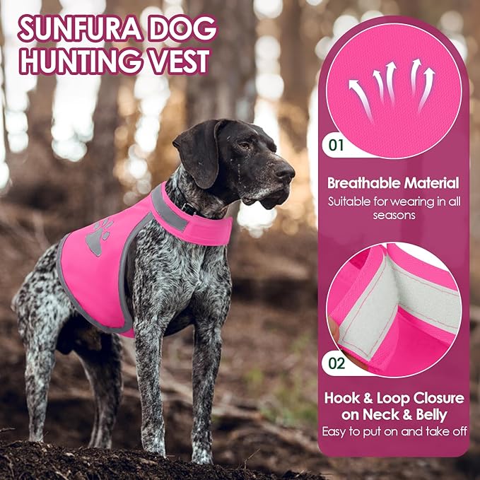 SUNFURA Dog Reflective Safety Vest, High Visibility Adjustable Dog Hunting Harness Vest for Outdoor Activity & Night Walking, Breathable Pet Jacket for Small Medium Large Dogs (Pink, M)