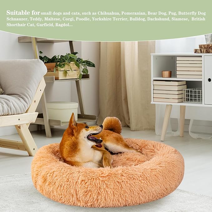 Calming Dog Bed for Medium Dogs Cats, Puppy 31'' Round Anti-Anxiety Warm Fluffy Plush Faux Fur Bed, Soft Anti-Slip Donut Washable, Cozy Medium Puppy Bed, Fits up to 50 lbs Pets