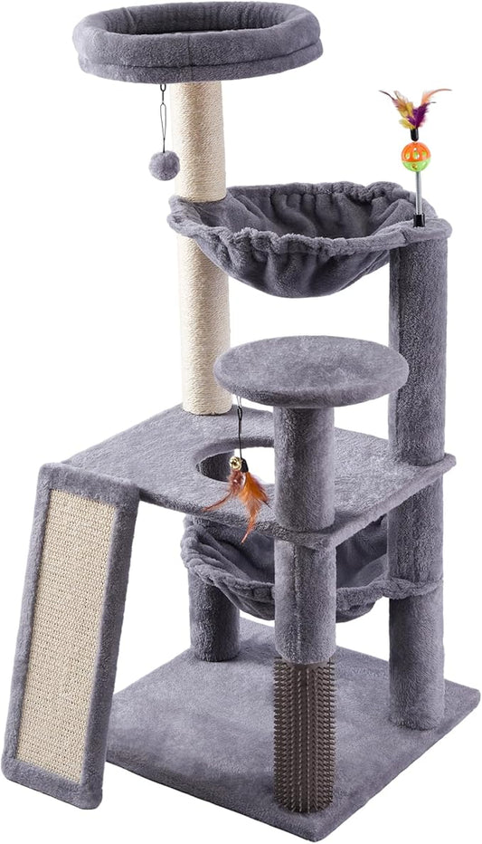Multi-Level Cat Tree for Indoor Cats, Cat Tree Tower with Big Cat Hammock and Self-Grooming Brush, Cat Tower with Scratch Ladder, Indoor Climbing Activity Tower with Scratching Posts, Grey
