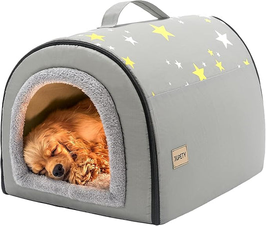 Jiupety Indoor Dog House, 2 in 1 Portable Foldable House Bed with Cover, Pet Tent & Cave Bed for Small Medium Dog, L(21"×17"×15"), Up to 16 Lb, Grey