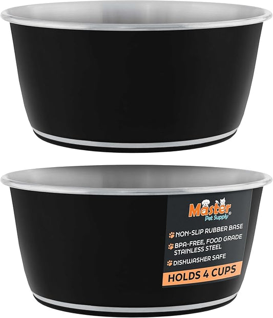 Master Pet Supply Stainless Steel Dog Bowls Set of 2 (32 Oz Each) with Non-Slip Rubber Base - Black Velvet - Basic Dog Food Bowl Water & Food Bowls for Small Medium Large Dogs & Cats, Metal Dish