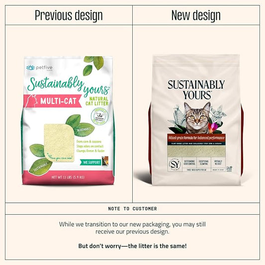Sustainably Yours Natural Cat Litter, Mixed-Grain Formula, Exceptional Clumping & Odor Control, Virtually No Dust, Easy to Scoop, Corn & Cassava Plant-Based, Unscented, 10 lbs