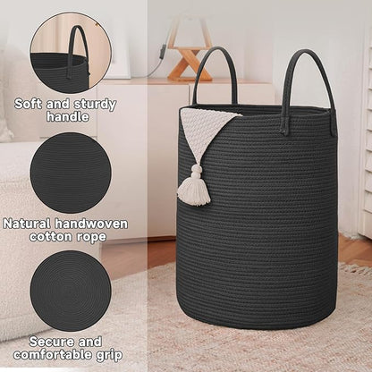 Large Woven Laundry Basket Hamper,80L Cotton Rope Storage Bin for Blankets,Toys and Clothes,Decorative Tall Nursery Hamper for Living Room,Baby Nursery,Bathroom and Bedroom,Black