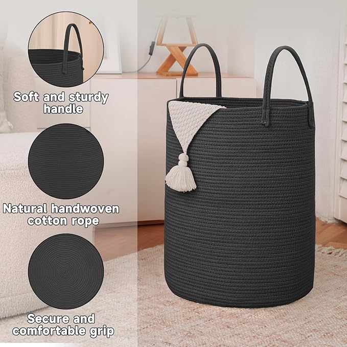 Large Woven Laundry Basket Hamper,100L Cotton Rope Storage Bin for Blankets,Toys and Clothes,Decorative Tall Nursery Hamper for Living Room,Baby Nursery,Bathroom and Bedroom,Black