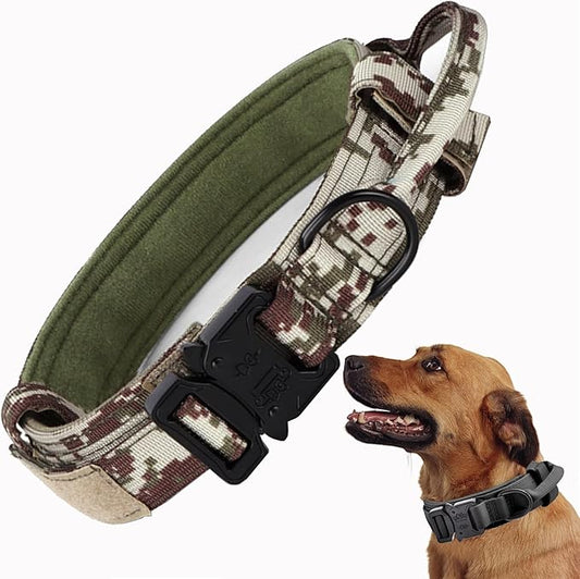 Tactical Dog Collar, Adjustable Military Training Nylon Dog Collar with Control Handle and Heavy Quick-Release Metal Buckle for Small Medium Large Dogs, Camo XXL
