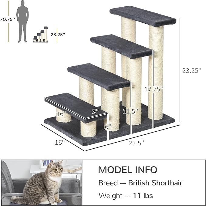 PawHut Cat Tree with 4 Steps for High Beds Couch, Cute Stair Shaped Cat Tree for Indoor Cats or Dogs w/Sisal Scratching Post, Climbing, Playing, Gray