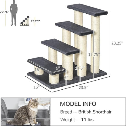 PawHut Cat Tree with 4 Steps for High Beds Couch, Cute Stair Shaped Cat Tree for Indoor Cats or Dogs w/Sisal Scratching Post, Climbing, Playing, Gray