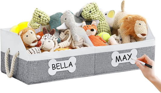 Beveetio Large Dog Toy Basket, Collapsible Fabric Dog Toy Bin with Removable Divider & DIY Tags, Trapezoid Storage Box with Rope Handles for Pet Supplies, Perfect for Living Room Storage-Grey&White