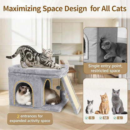 Cat Tree Tower Bed with Scratching Post for Indoor, Heavy Duty Small Stand House Condo for Large Cats & Kittens, Platform Perch Hideout Climb Rest Area, Modern Sturdy Furniture, Light Gray