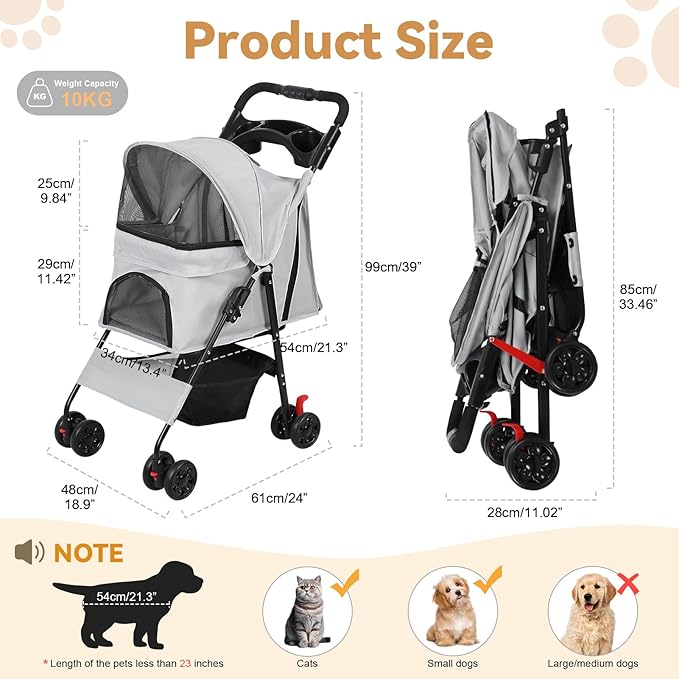 4 Wheels Pet Stroller for Medium Small Dog up to 50lbs, Dog Cat Stroller, Outdoor Travel Pet Folding Strollers with Cup Holder, Detachable Carrier, Breathable Visible Mesh (Grey Upgraded)