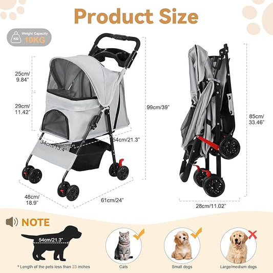4 Wheels Pet Stroller for Medium Small Dog up to 50lbs, Dog Cat Stroller, Outdoor Travel Pet Folding Strollers with Cup Holder, Detachable Carrier, Breathable Visible Mesh (Grey Upgraded)