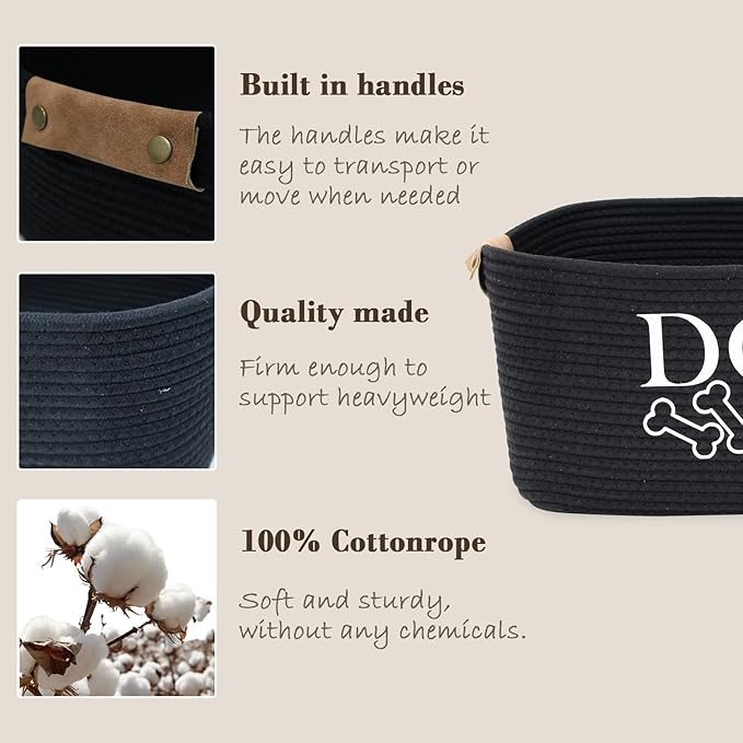 Durable Cotton Rope Dog Toy Storage, Large Dog bin, pet Bed, Puppy Toy Box - Perfect for organizing pet Toys, Blankets, leashes, Clothing and Any Doggie Stuff - Black
