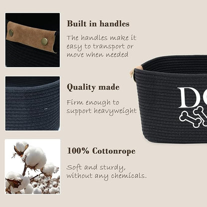 Durable Cotton Rope Dog Toy Storage, Large Dog bin, pet Bed, Puppy Toy Box - Perfect for organizing pet Toys, Blankets, leashes, Clothing and Any Doggie Stuff - Black