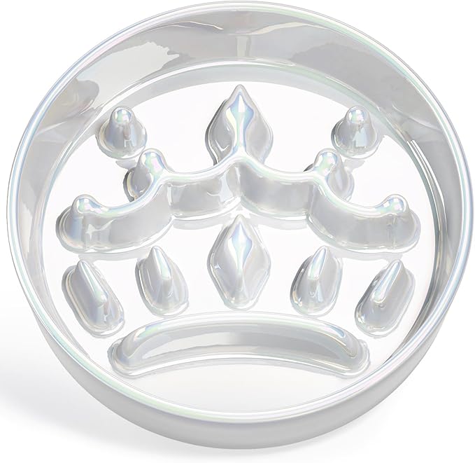 LE TAUCI Ceramic Slow Feeder Dog Bowls Small Breed, 0.6 Cups Dog Food Dish for Fast Eaters, Puzzle Bowl for Small Dogs and Cats,Crown Silver