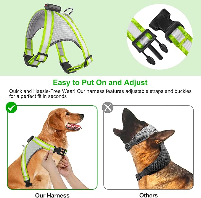 Visinite LED Dog Harness, USB Rechargeable Light Up Dog Vest, 2 Illuminate Modes Glow in The Dark Dog Harness, Adjustable Lighted Pet Harness Light for Night Walking Safety (Green, M)
