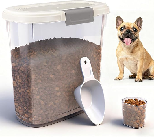 Airtight Dog Food Storage Container 10 Lbs - Slim Tall Pet Cat Food Treat Container with Lid, Scoop and Cup - Clear Plastic Dry Food Storage Bin for Dogs, Cats, Bird Seeds, Kibble, Pellets