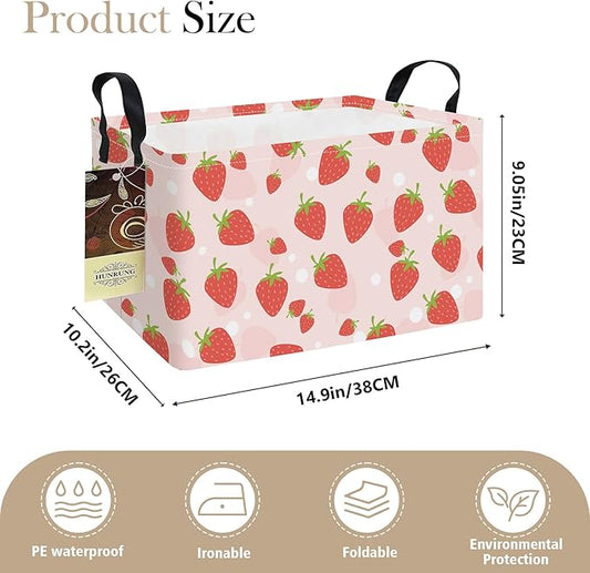 HUNRUNG Rectangle Storage Basket Cute Canvas Organizer Bin for Pet/Children Toys, Books, Clothes Perfect for Rooms/Playroom(REC-Pink Strawberry)