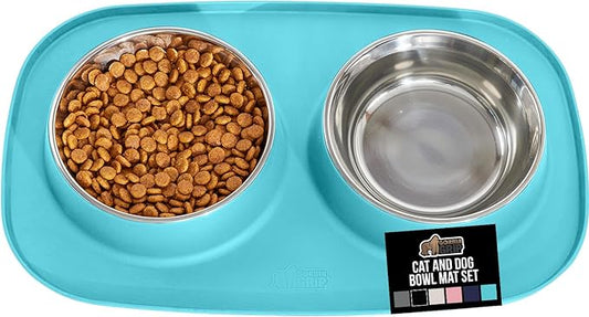 GORILLA GRIP Feeding Mat Bowl Set, 100% Waterproof BPA Free Silicone, 304 Stainless Steel Cat and Dog Bowls for Food and Water, Slip Resistant, High Edge, US Designed, Patent Pending, 1 Cup Turquoise