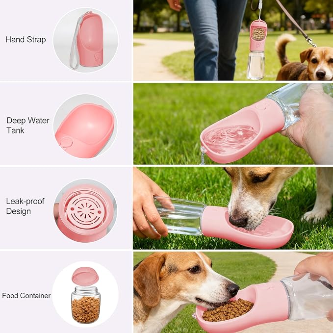 Dog Water Bottle, Portable Water Bottle with Food Container for Dogs Cat Pet Hiking Walking Travel Camping, Leak-Proof Dog Water Bowl Dispenser with Feeder Function Puppy Essentials
