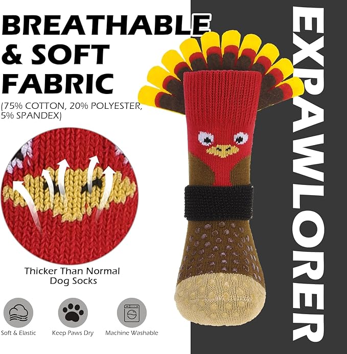 EXPAWLORER Thanksgiving Anti Slip Dog Socks to Prevent Licking Paws,Boots & Paw Protectors with Grippers,Doggie Booties for Hardwood Floors for Small Medium Large Senior Dogs Lifelike Costume Turkey S