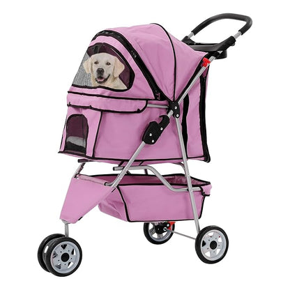 Pet Stroller for Small Medium Dogs & Cats,3-Wheel Breathable Compact Foldable Dog Carrier with Storage Basket, Outdoor Portable Lightweight Travel Stroller for Camping,Pink