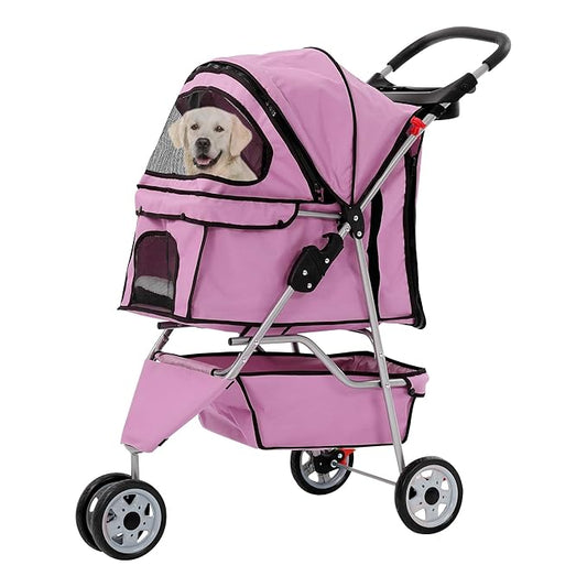 Pet Stroller for Small Medium Dogs & Cats,3-Wheel Breathable Compact Foldable Dog Carrier with Storage Basket, Outdoor Portable Lightweight Travel Stroller for Camping,Pink