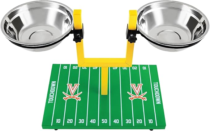 NCAA Virginia Cavaliers Goalpost Football Field Dog Feeder – Adjustable Elevated Dog Bowls with Stand, 2 Stainless Steel Bowls, Non-Slip Rubber Feet, Raised Pet Feeder for Large & Small Dogs