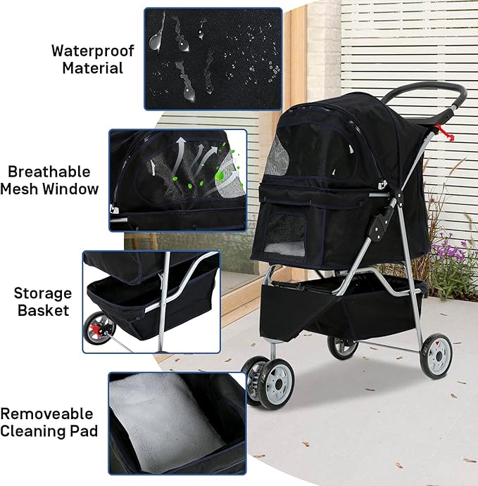 Best 3 Wheels Pet Stroller for Dog Stroller Cat Stroller, Lightweight and Foldable Pet Jogger Stroller, Carrier Strolling Cart W/Cup Holders Removable Liner for Small and Medium Dog Cat or Pet - Black