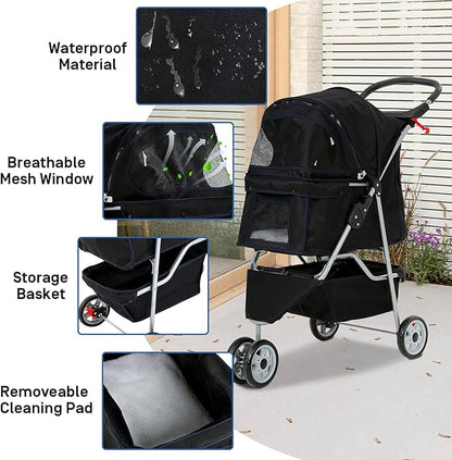 Best 3 Wheels Pet Stroller for Dog Stroller Cat Stroller, Lightweight and Foldable Pet Jogger Stroller, Carrier Strolling Cart W/Cup Holders Removable Liner for Small and Medium Dog Cat or Pet - Black