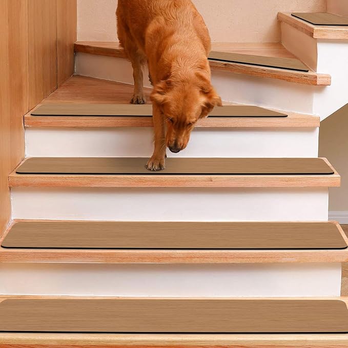 GOYLSER Rubber Stair Treads Non Slip Set of 15, 30"x8" Stair Pads for Wooden Stairs, Waterproof Basement Rugs for Steps Indoor Stairs for Pet, Kids and Elderly, Brown Wooden