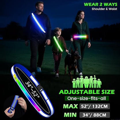 Reflective Sash Gear for Walking at Night,Flashing LED Reflective Belt Safety Lights for Walkers Night Dog Walking Biking Running,High Visibility Rechargeable With Wear 2 Ways for Men Women