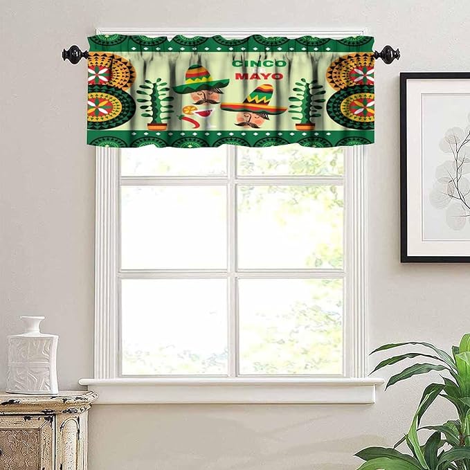 Mexican Style Valances Curtain for Kitchen Cafe, Mexican Sombrero Pepper Guitar Window Treatment Valances Short Curtains Rod Pocket Drape for Dining Room Home Decor, 54x18inch