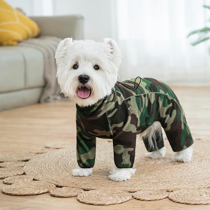 Fleece Dog Coat for Small Medium Dog,Pullover Pajamas Jumpsuit Bodysuit Puppy Coats with Legs, Pet Windproof Warm Cold Weather Jacket Full Body Vest Cozy Snowsuit Outfit Clothes (Camo, L)