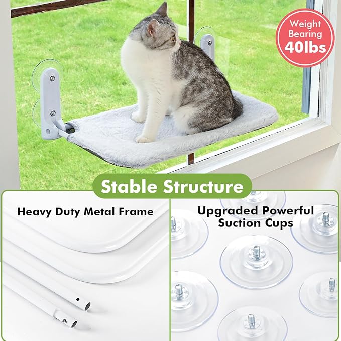 2PC Cat Window Perch Cordless Foldable Cat Hammock Bed for Window with Metal Frame and Reversible Cover, Large Suction Cups Window Resting Seat for Indoor Cats (Cat Bed, M-2PC)