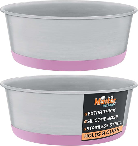 Master Pet Supply Stainless Steel Dog Bowls Set of 2 with Extra Thick Silicone Base - 8 Cup (64 oz) Hyper Pink, Non-Slip, Dishwasher Safe Metal Bowls, Pet Dog Food Bowl for Dogs, Cats, Anti Rust