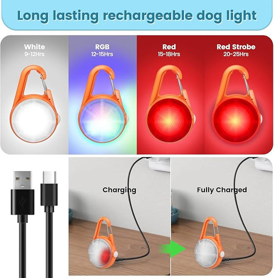 2Pack Dog Lights for Night Walking Dog Collar Light Clip on Rechargeable Glow in The Dark Light with 4Modes & RGB Color for Camping